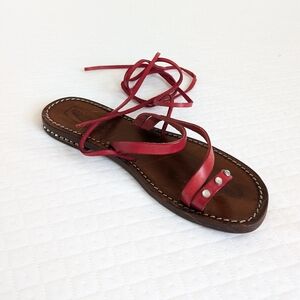 Spaziomoda Red Leather Lace-Up Strappy Gladiator Sandal, diamond studs, size 7.5